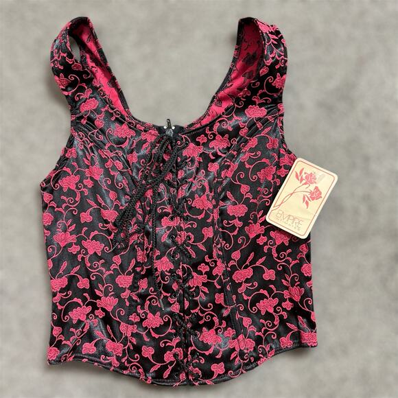 90s Empire Intimates Corset Top XL Red Brocade Black Floral Lace Up Lingerie New - Picture 1 of 8